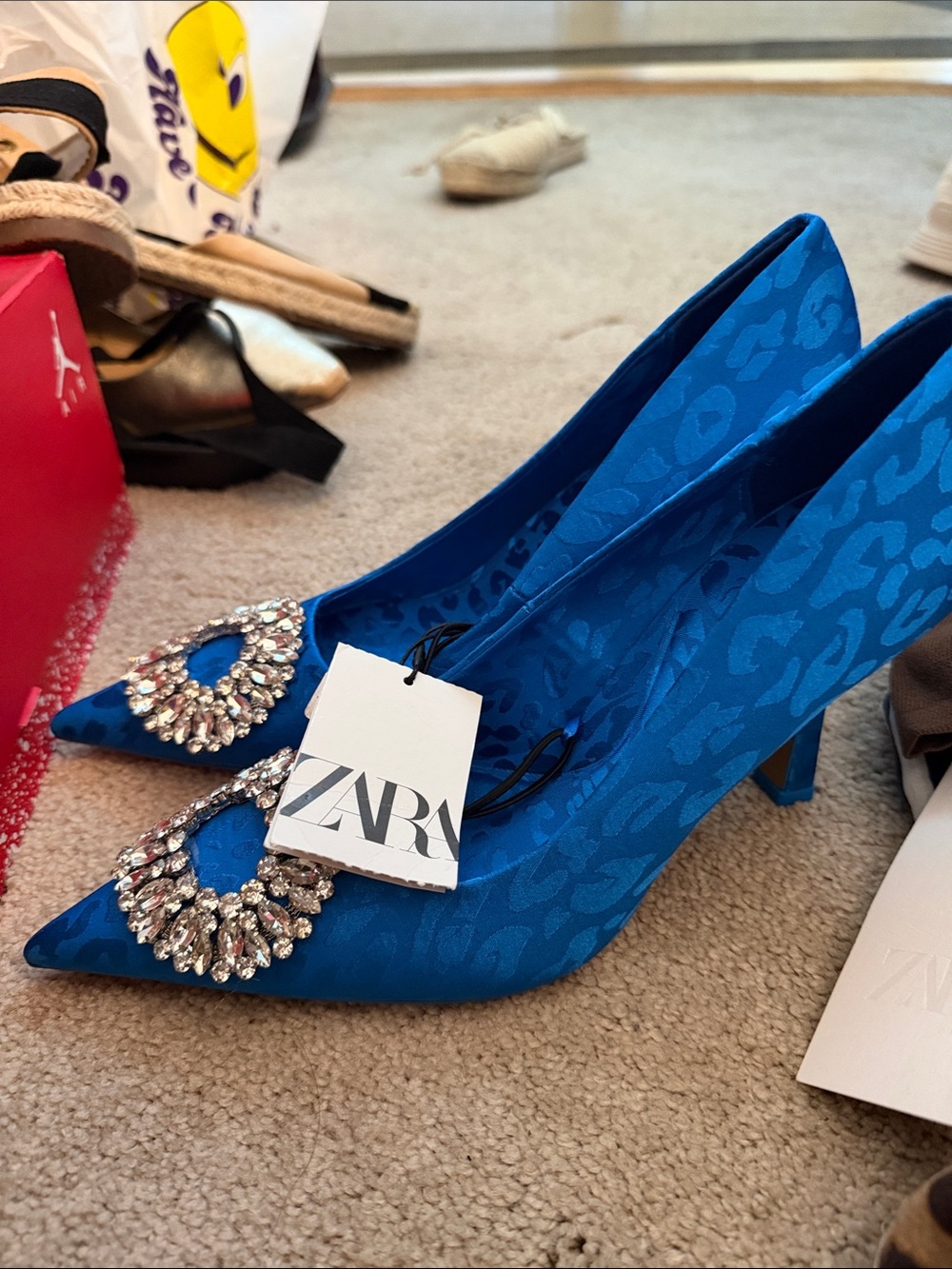 ZARA Electric Blue Satin Pointed Toe Crystal-Embellished Pumps